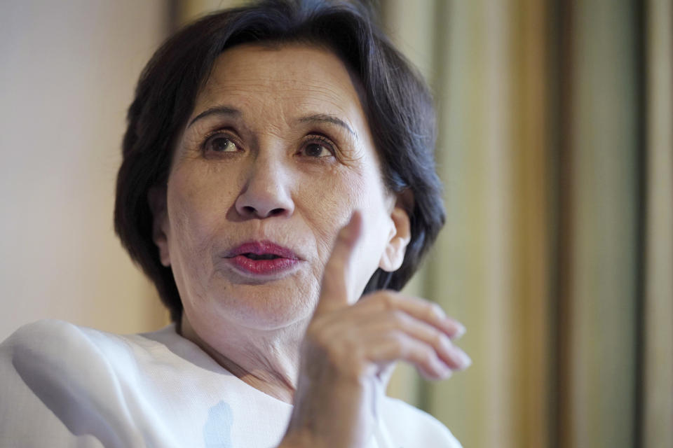 Makiko Tanaka, the daughter of Japan's former Prime Minister Kakuei Tanaka, speaks during an interview with The Associated Press on Sept. 14, 2022, in Tokyo. Tanaka talked about her father ahead of the 50th anniversary Thursday, Sept. 29, of the historic communique that her father signed with his counterpart, Zhou Enlai. (AP Photo/Eugene Hoshiko)