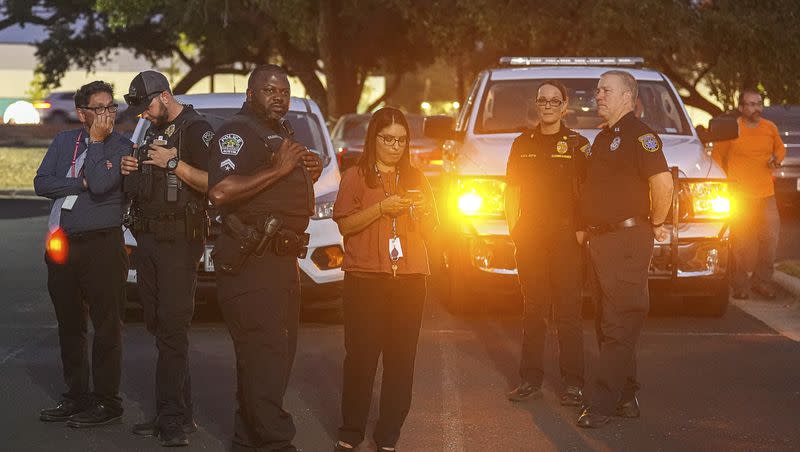 Austin police and EMS meet at the Great Hills Baptist Church for a media briefing on Thursday Aug. 31, 2023, in Austin, Texas, after a shooting in the city.