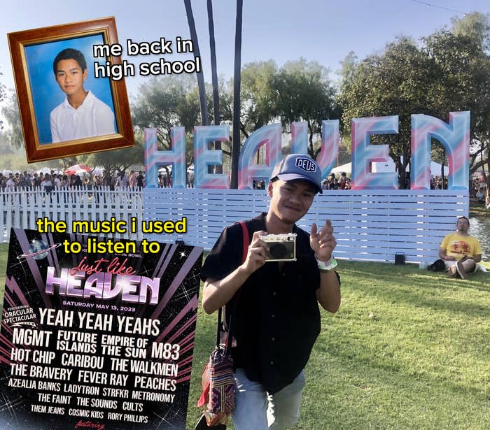Author posing in front of the Just Like Heaven music festival sign, author at a younger age, and Just Like Heaven 2023 lineup