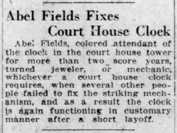 An article about Abel Fields fixing the courthouse's clock from the Journal and Courier published in Sept. 23, 1927.