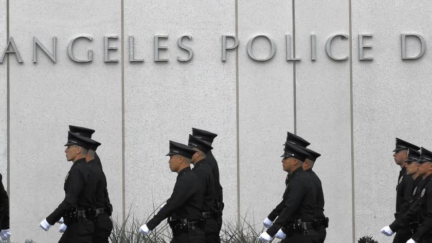 L.A. Mayor Eric Garcetti said in his State of the City address that he would be shifting 200 officers from elsewhere in the Police Department to its Metropolitan Division, a group that fights crime in different areas of the city. Above, at LAPD headquarters.