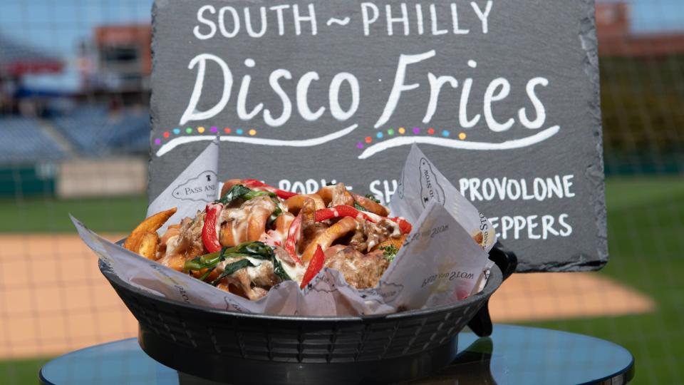 “South Philly” disco fries from Pass and Stow are displayed during an event to highlight what is new for the 2023 Philadelphia Phillies season at Citizens Bank Park in Philadelphia on Monday, April 3, 2023.