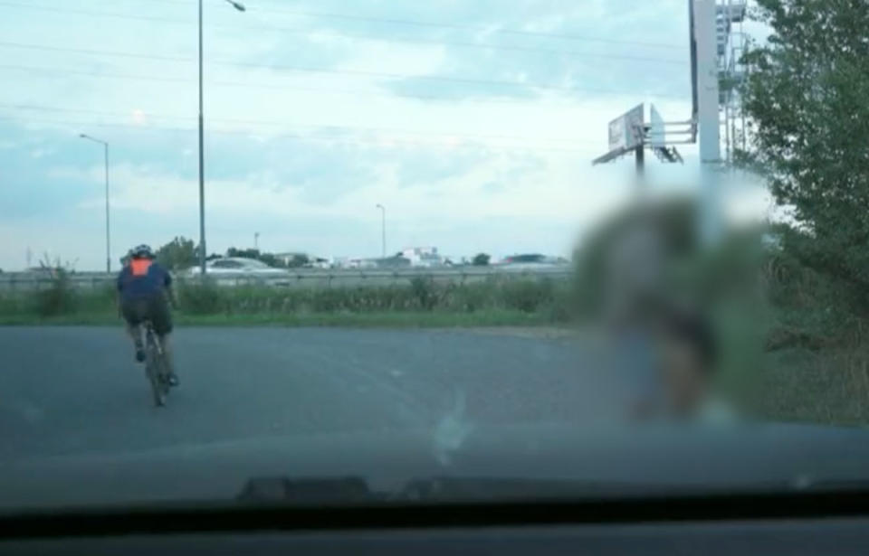 A cyclist is seen passing by Hayley as she engages in a public sex act. 