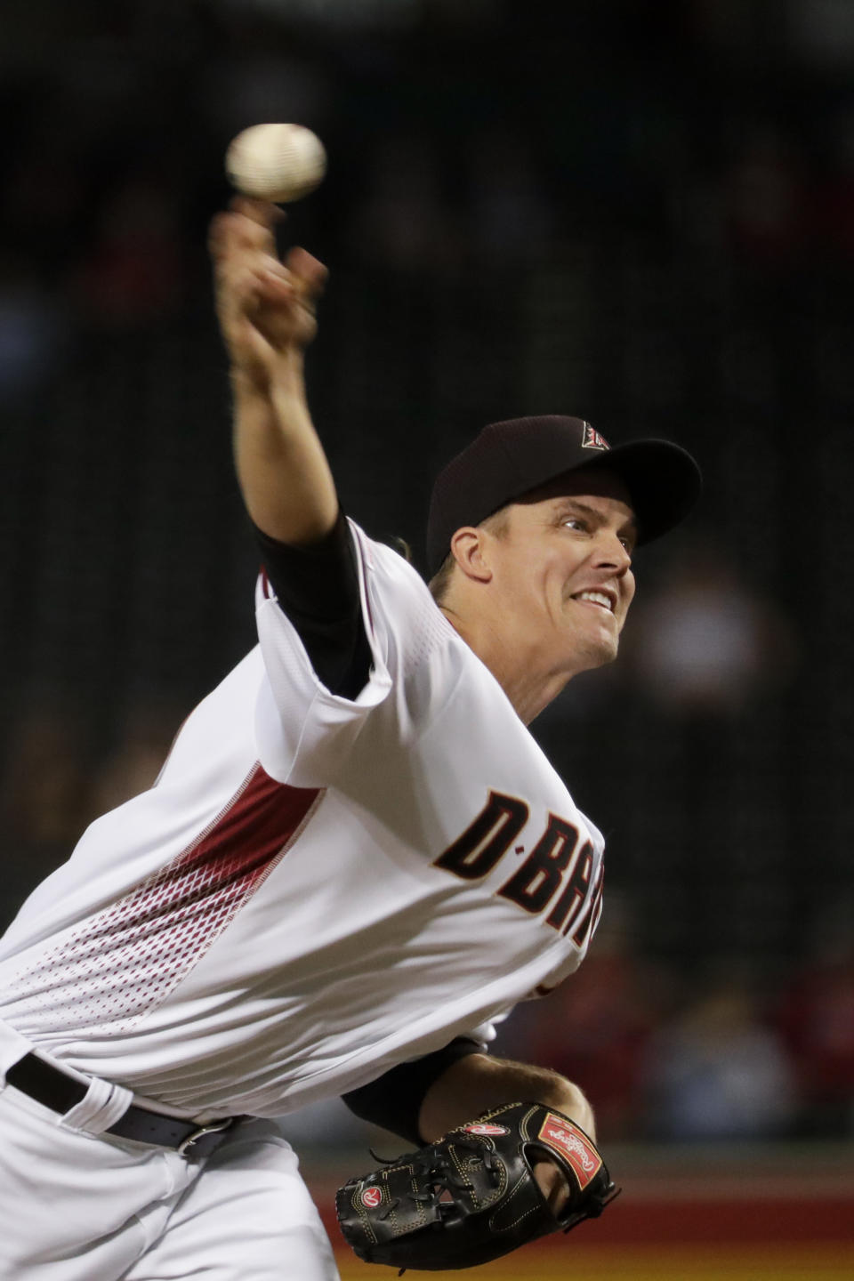 Arizona Diamondbacks starting pitcher Zack Greinke throws against the Pittsburgh Pirates during the first inning of a baseball game in Phoenix, Wednesday, May 15, 2019. (AP Photo/Matt York)