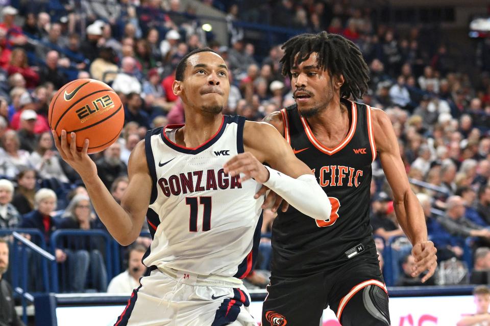 Gonzaga guard Nolan Hickman (11) shoots the ball against the defense of Pacific guard Tyler Beard (3) during the second half at McCarthey Athletic Center.