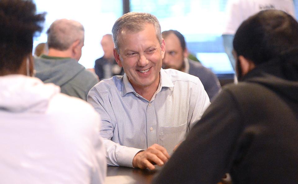 Dan Pastore is the Democratic candidate seeking to unseat Republican incumbent U.S. Rep. Mike Kelly in Pennsylvania's 16th Congressional District. In this file photo, he talks with supporters at Calamari's in Erie on May 17, 2022.