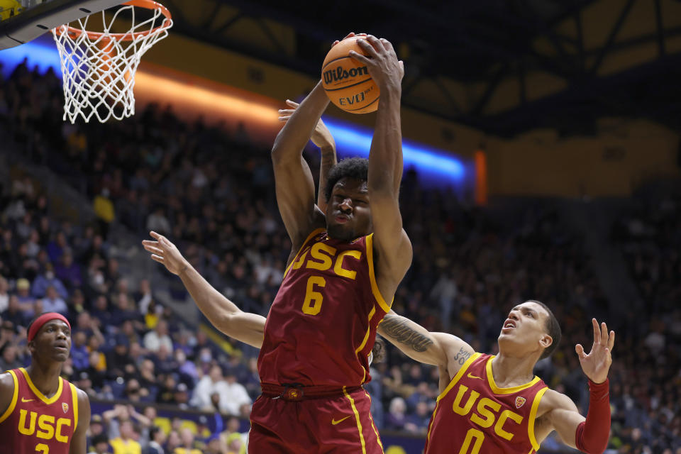 Bronny James #6 of the USC Trojans jumps for a rebound during their game against the California Golden Bears in the first half at Haas Pavilion on February 07, 2024 in Berkeley, California.