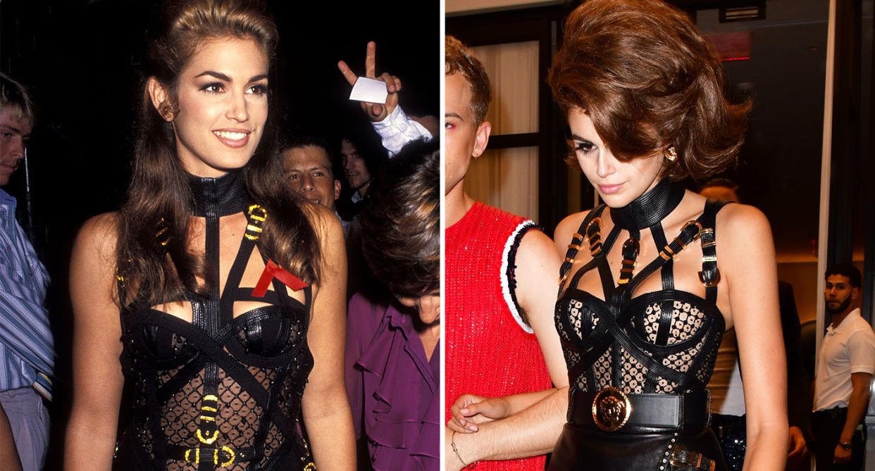 Kaia Gerber, right, pictured at her 18th birthday party, channels mother Cindy Crawford, pictured in 1992. [James Devaney/GC Images]