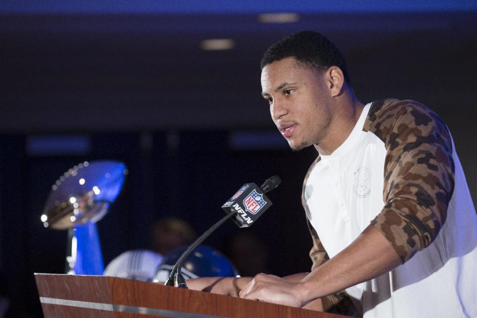 Seattle Seahawks linebacker and Super Bowl XLVIII MVP Malcolm Smith answers questions from the media during a news conference at the Super Bowl Media Center at the Sheraton hotel, Monday, Feb. 3, 2014, in New York. The Seattle Seahawks defeated the Denver Broncos, 43-8. (AP Photo/John Minchillo)