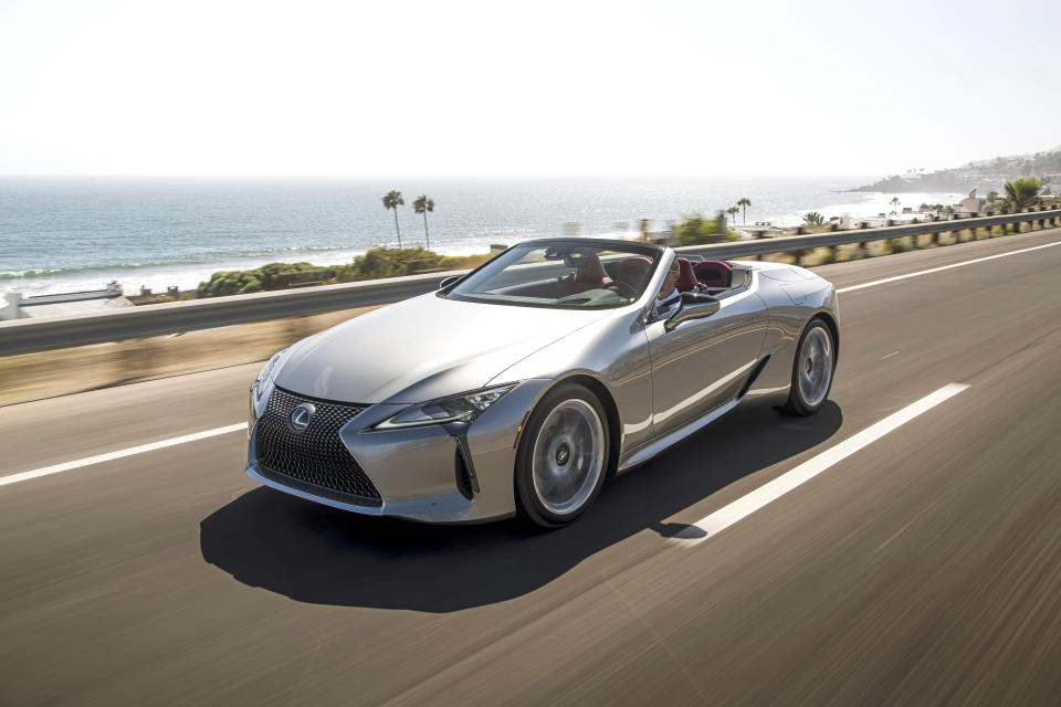 This photo provided by Lexus shows the Lexus LC 500 convertible, a two-seat drop-top with tons of personality. Highlights include a thunderous V8 and expressive styling. (James Lipman/Courtesy of Lexus USA via AP)