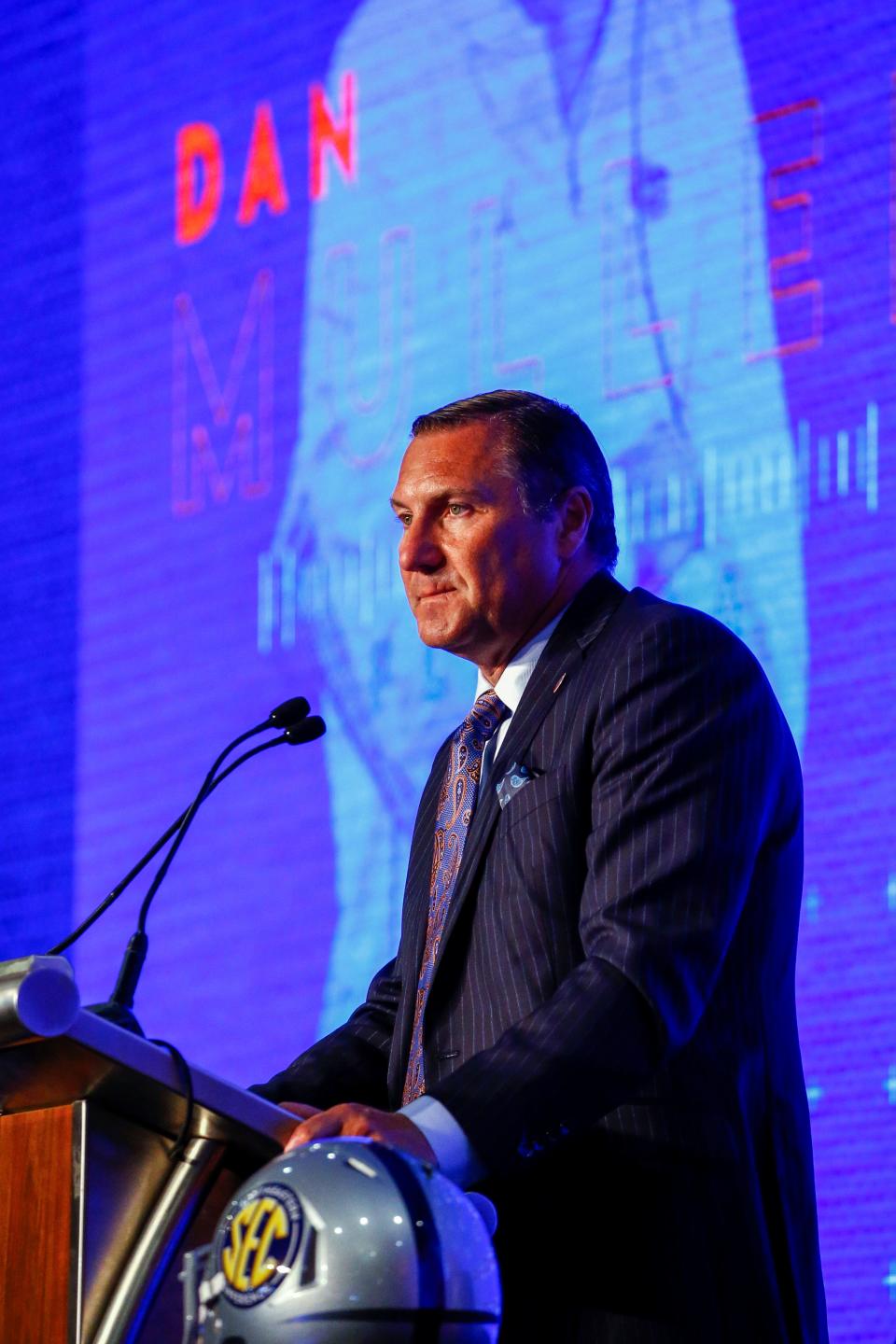 Head Coach Dan Mullen, of Florida, speaks during the NCAA college football Southeastern Conference Media Days, Monday, July 15, 2019, in Hoover, Ala. (AP Photo/Butch Dill)