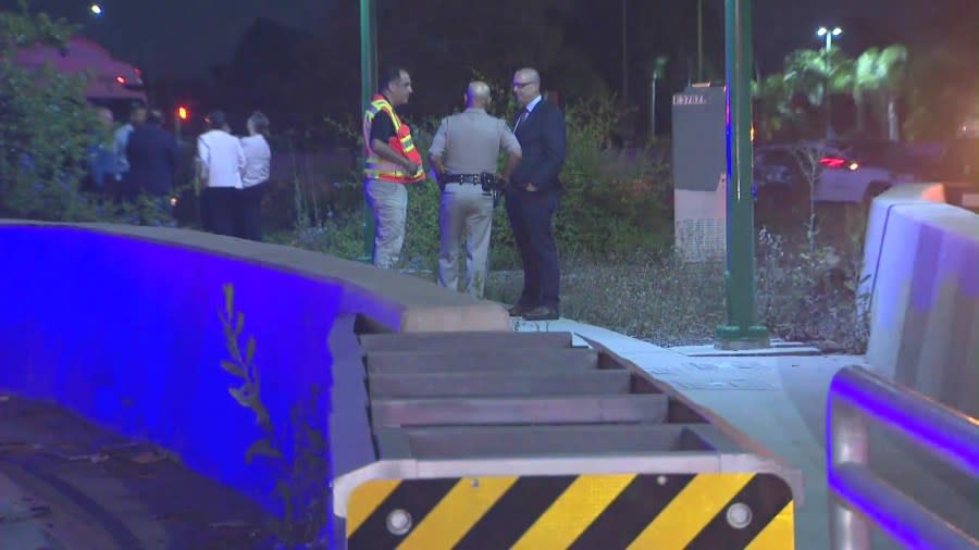 Officers investigate a shooting that took place during an argument aboard a Foothill Transit bus in Baldwin Park on June 17, 2024. (KTLA)