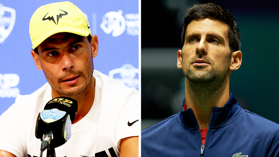 Rafa Nadal (pictured left) during his Cincinnati Masters press conference and (pictured right) Novak Djokovic before the Davis Cup.