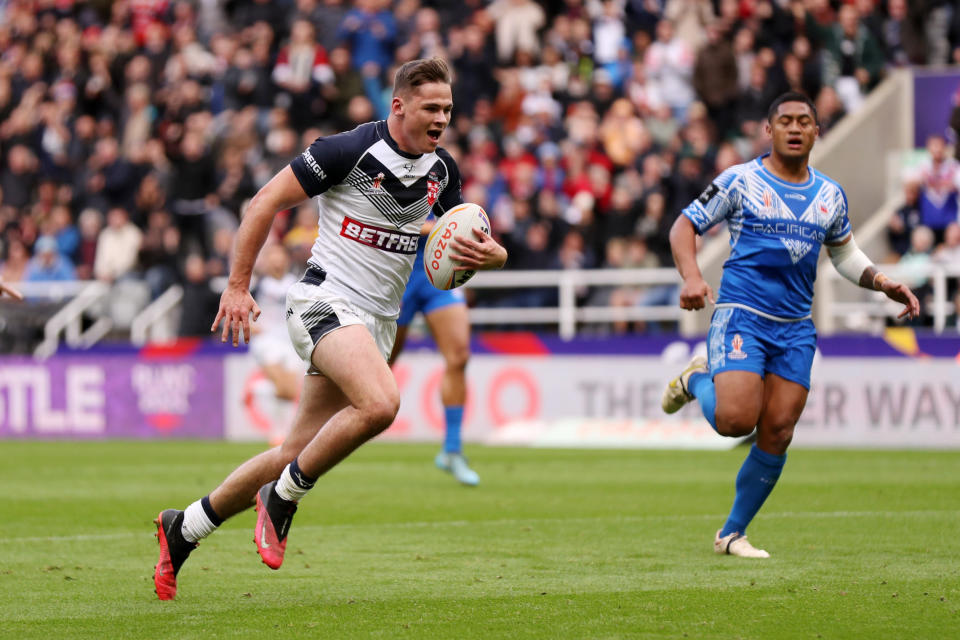 Seen here, England's Jack Welsby crosses for the first try of the Rugby League World Cup.