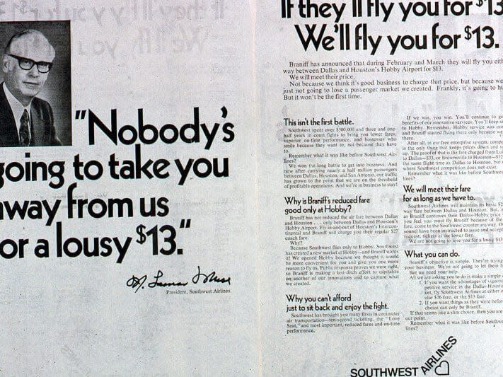 Southwest’s advertisement of a full-page declaration of war against Braniff’s fare cut