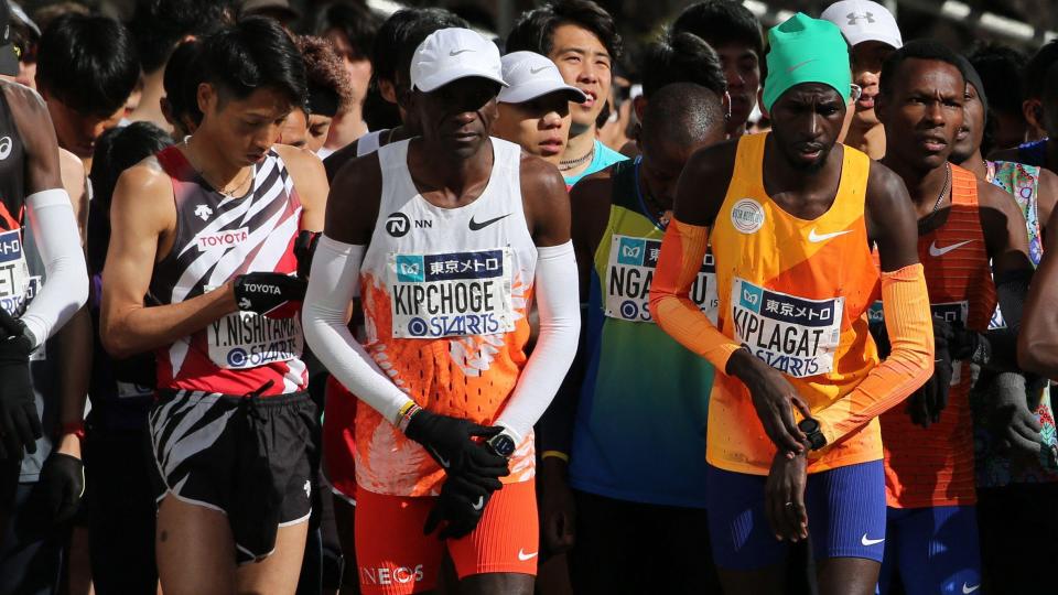 Eliud Kipchoge (far left) lines up ahead of the start of the Tokyo Marathon in March 2024