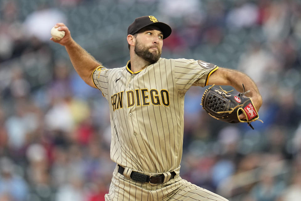 San Diego Padres starting pitcher Michael Wacha delivers during the second inning of a baseball game against the Minnesota Twins, Tuesday, May 9, 2023, in Minneapolis. (AP Photo/Abbie Parr)