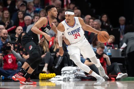 Nov 25, 2018; Portland, OR, USA; LA Clippers forward Tobias Harris (34) dribbles the ball during the second half at Moda Center. The Clippers won 104-100. Mandatory Credit: Al Sermeno-USA TODAY Sports