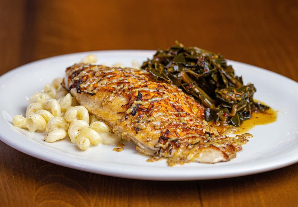 Sweet Potato Crusted Catfish with Creole Honey Mustard, Macaroni and Cheese, Braised Collard Greens at McEwen's restaurant in Downtown Memphis.