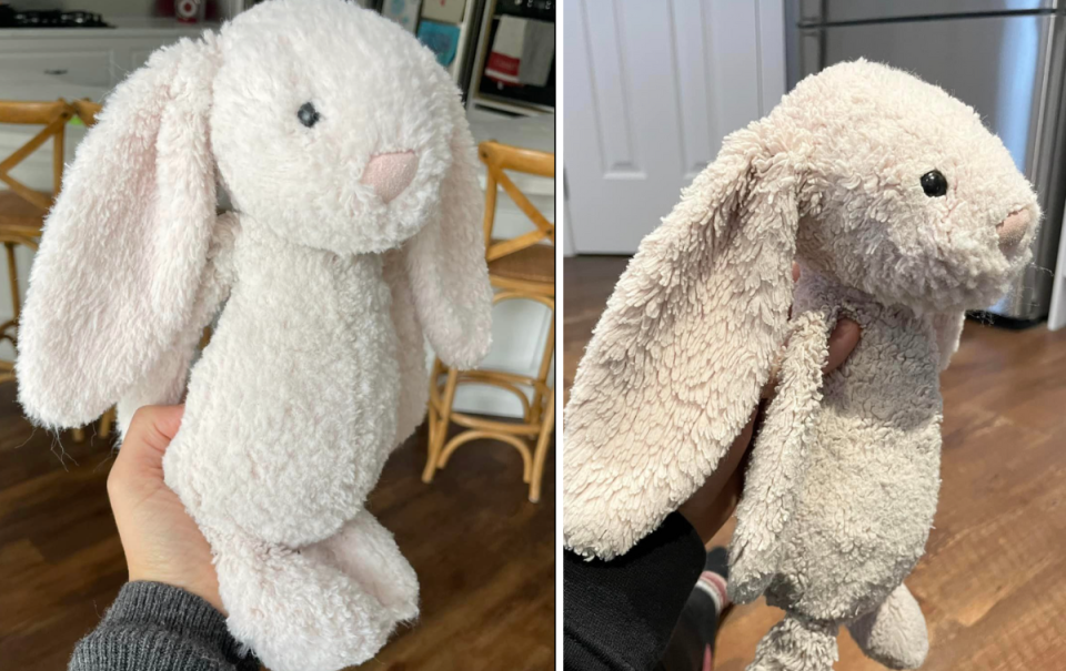 Before and after photos of the plush toy bunny