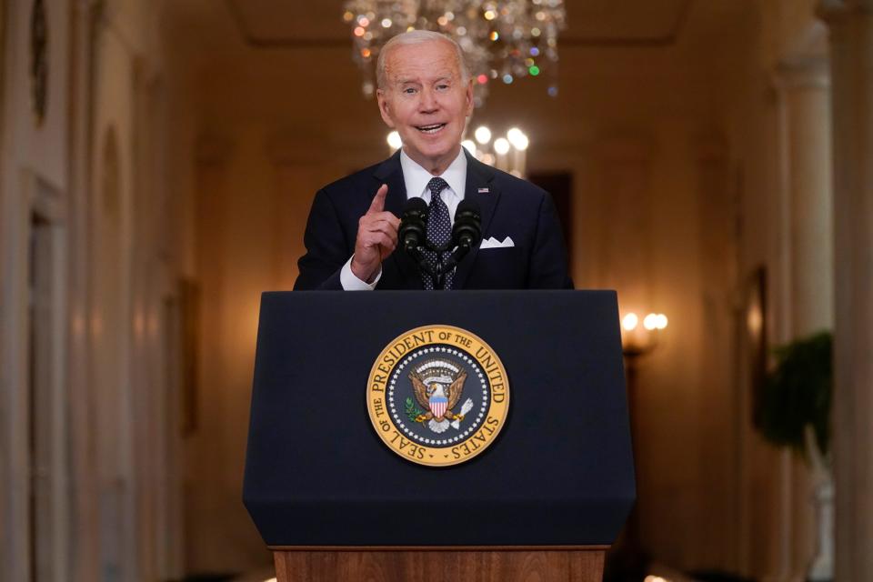President Joe Biden speaks about the latest round of mass shootings, from the East Room of the White House in Washington, Thursday, June 2, 2022. Biden is attempting to increase pressure on Congress to pass stricter gun limits after such efforts failed following past outbreaks.