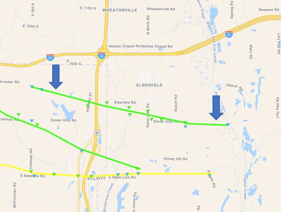 The path of an April 2 tornado that touched down just southwest of the I-69 and I-64 interchange and continued east-southeast across I-69.