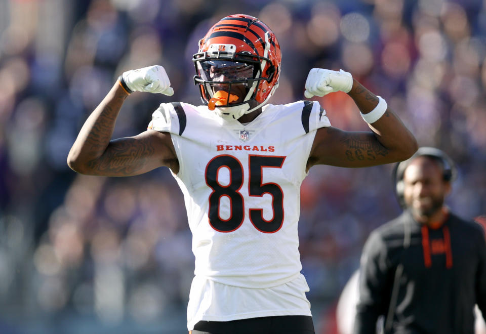 BALTIMORE, MARYLAND - OCTOBER 24: Tee Higgins #85 of the Cincinnati Bengals celebrates a touchdown by a teammate during the second half in the game against the Baltimore Ravens at M&T Bank Stadium on October 24, 2021 in Baltimore, Maryland. (Photo by Rob Carr/Getty Images)