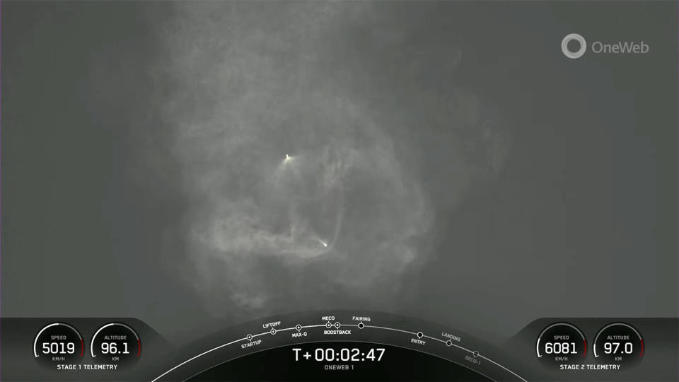 A dramatic long-range tracking camera view of the Falcon 9 second stage heading to orbit (lower center) on the power of its single engine while the first stage restarts three engines (upper center) to reverse course and begin heading back for landing at the Cape Canaveral Space Force Station. / Credit: SpaceX