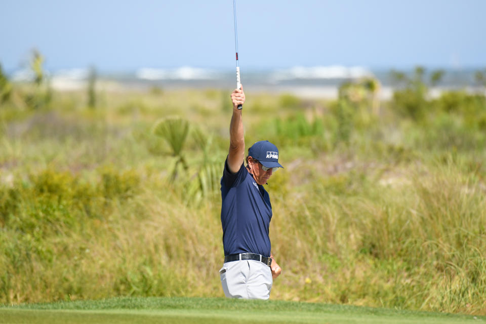 KIAWAH ISLAND, SC - MAY 23: Phil Mickelson makes his birdie putt on the fifth hole during the final round of the 2021 PGA Championship held at the Ocean Course of Kiawah Island Golf Resort on May 23, 2021 in Kiawah Island, South Carolina. (Photo by Montana Pritchard/PGA of America via Getty Images)