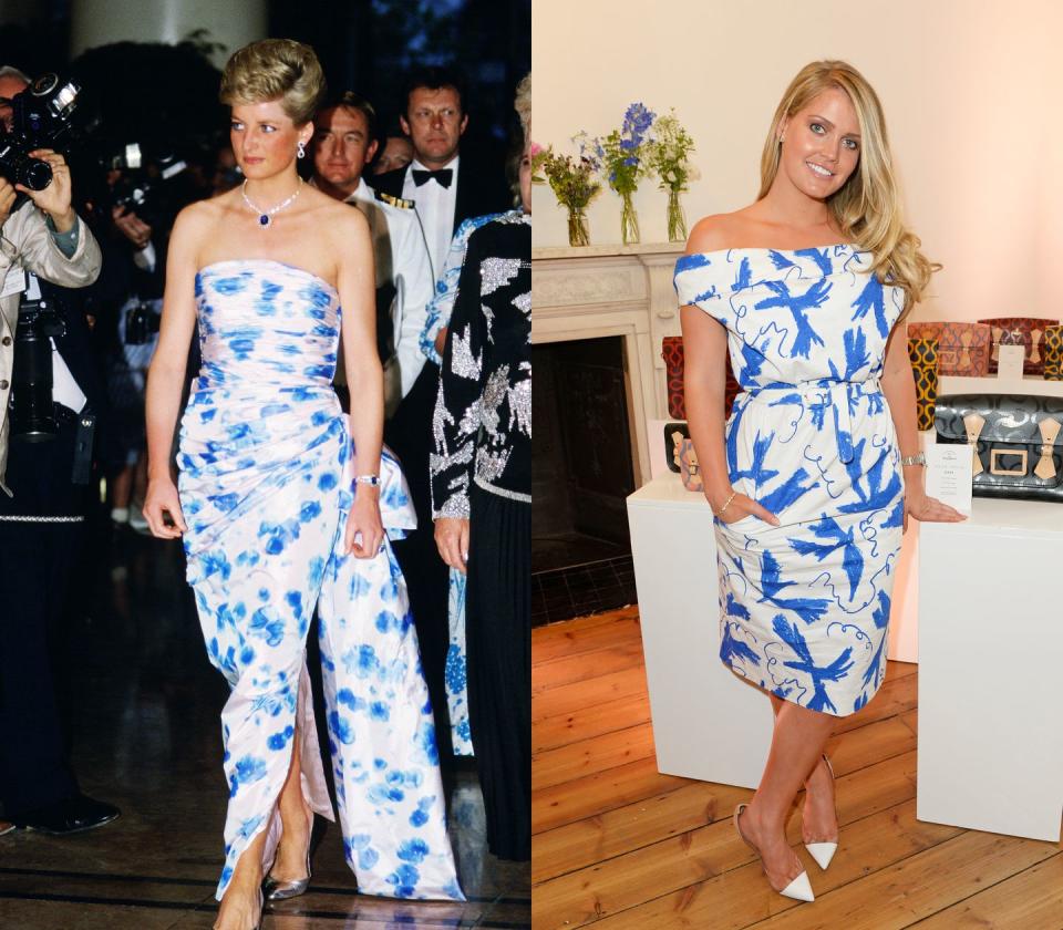 <p>Diana chose a patterned gown by Catherine Walker, one of her favorite designers, for a dinner in Melbourne in 1988. Years later in London, Lady Kitty Spencer opted for a blue-and-white printed dress at a London party.</p>
