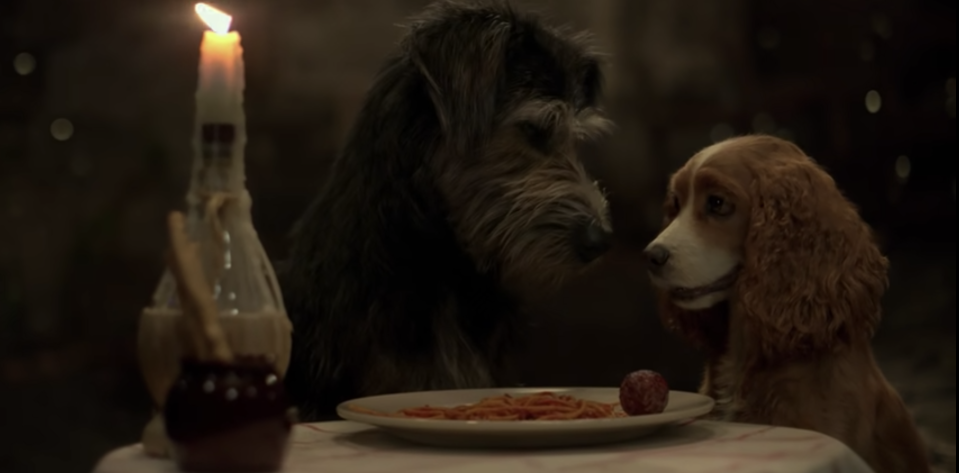 The Tramp and Lady enjoying some spaghetti.