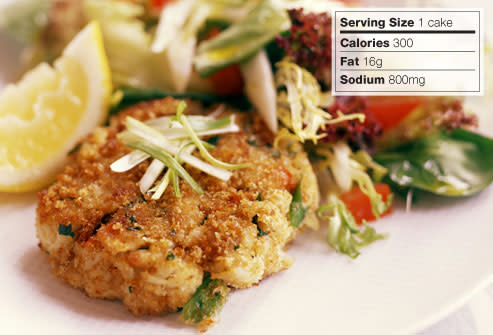 <div class="caption-credit"> Photo by: getty</div><b>BEST: Crab Cakes</b> <br> Blake recommends using appetizers to work in healthy foods you might be eating too little of. Seared crab cakes offer an appealing way to get more seafood into your diet. Served with chili sauce, a typical crab cake has about 300 calories, 20 g of fat, and 960 mg sodium.