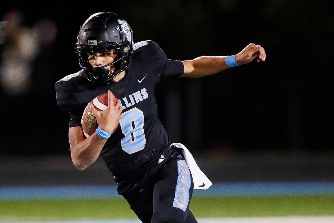 Collins’ Kenyon Goodin (8) runs the ball against West Jessamine during the Class 5A state playoffs first round at Martha Layne Collins High School in Shelbyville, Ky., Thursday, Nov. 4, 2021. West Jessamine beat Collins 51-39.