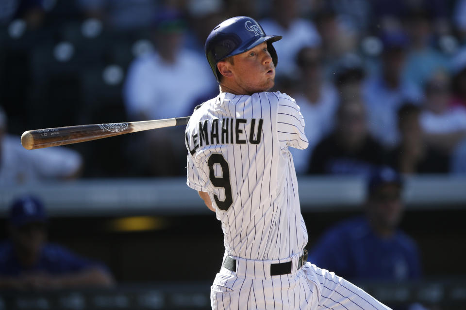 Colorado Rockies’ D.J. LeMahieu in the third inning of a baseball game Sunday, Sept. 27, 2015, in Denver. (AP Photo/David Zalubowski)