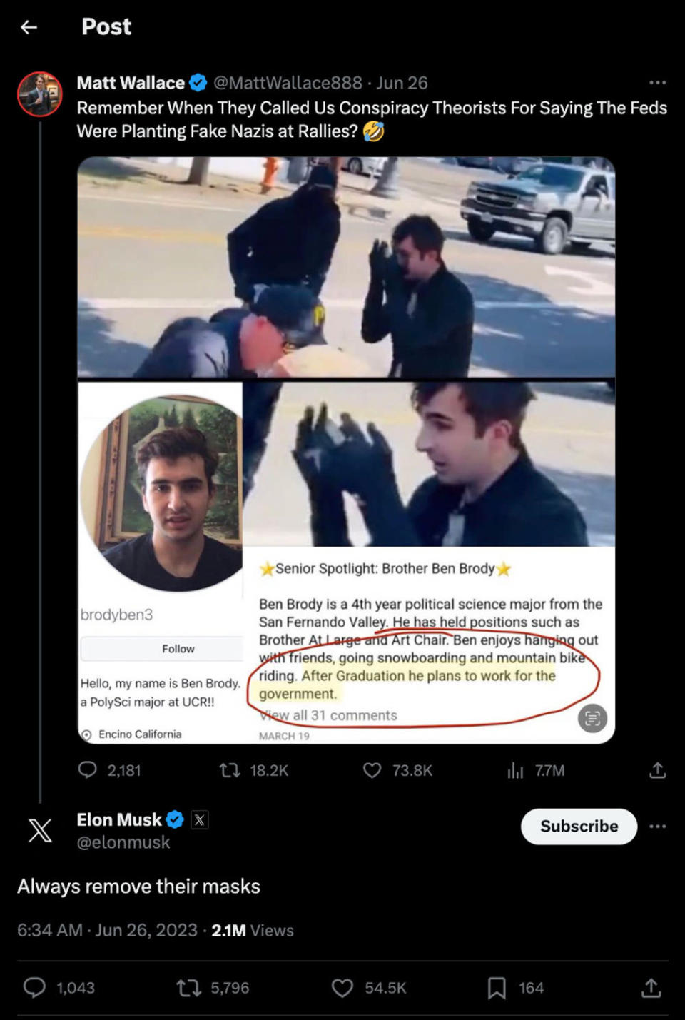 Screenshot of interaction on Twitter/X between Matt Walsh and Elon Musk.