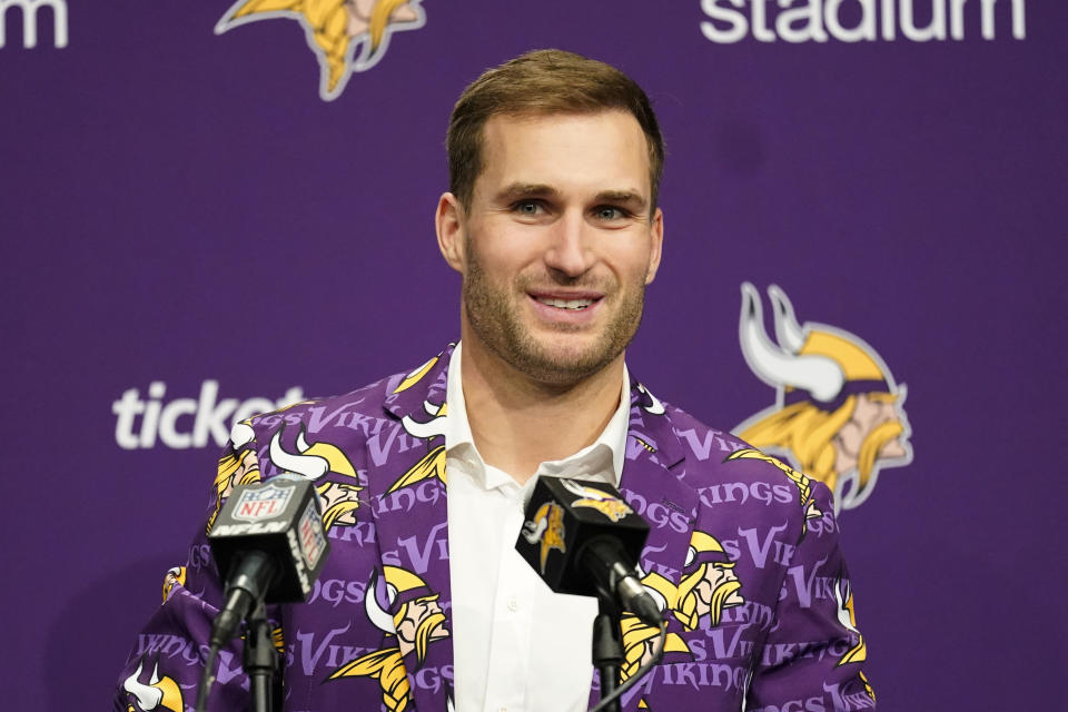 Minnesota Vikings quarterback Kirk Cousins speaks during a news conference after an NFL football game against the Indianapolis Colts, Saturday, Dec. 17, 2022, in Minneapolis. The Vikings won 39-36 in overtime. (AP Photo/Abbie Parr)