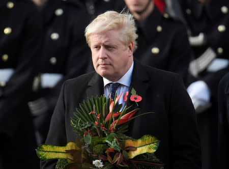 Britain's Foreign Secretary Boris Johnson waits to lay a wreathe at the Remembrance Sunday Cenotaph service in London, Britain, November 12, 2017. REUTERS/Toby Melville
