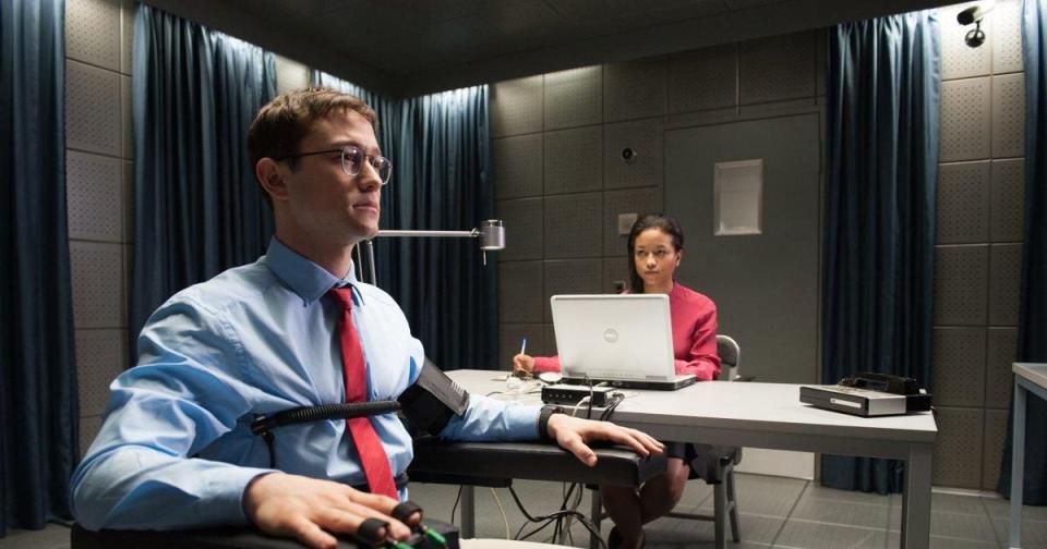 Edward Snowden, played by Joseph Gordon Levitt, sits for a polygraph test in the film 