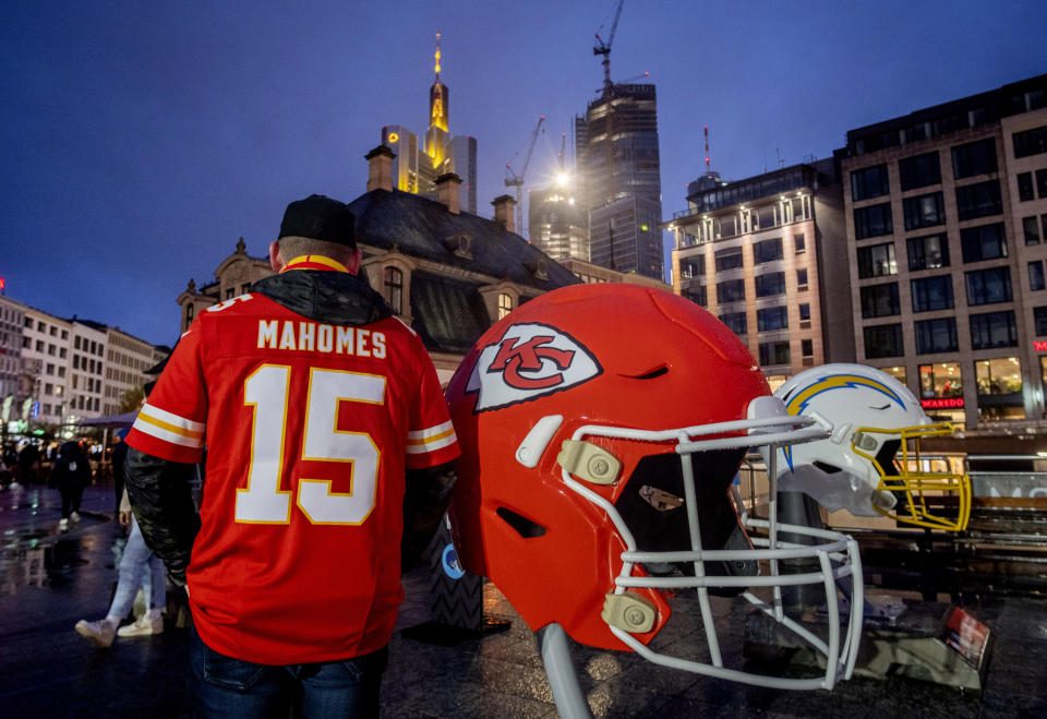 An oversize football Chiefs helmet is set up in the city centre in Frankfurt, Germany, Saturday, Nov. 4, 2023. The Kansas City Chiefs are set to play the Miami Dolphins in a NFL game in Frankfurt on Sunday Nov. 5, 2023. (AP Photo/Michael Probst)