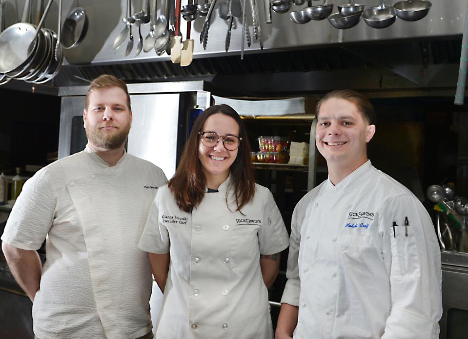 Ryan Smutzki Executive Chef at Rick Erwin's Level 10, Gianna Smutzki Executive Chef at Rick Erwin's West End Grille and Executive Chef Malaki Craft at Rick Erwin's Clemson restaurant. The chefs gathered at the West End Grille in downtown Greenville April 29, 2022.