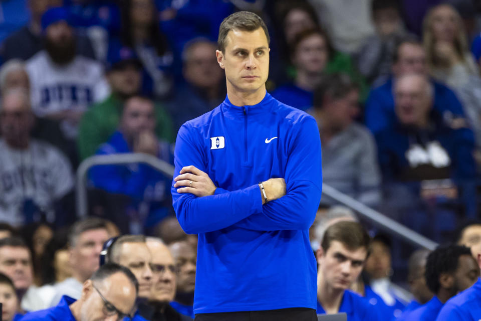 Duke coach Jon Scheyer watches from the sideline during the first half of the team's NCAA college basketball game against Notre Dame on Saturday, Jan. 6, 2024, in South Bend, Ind. (AP Photo/Michael Caterina)