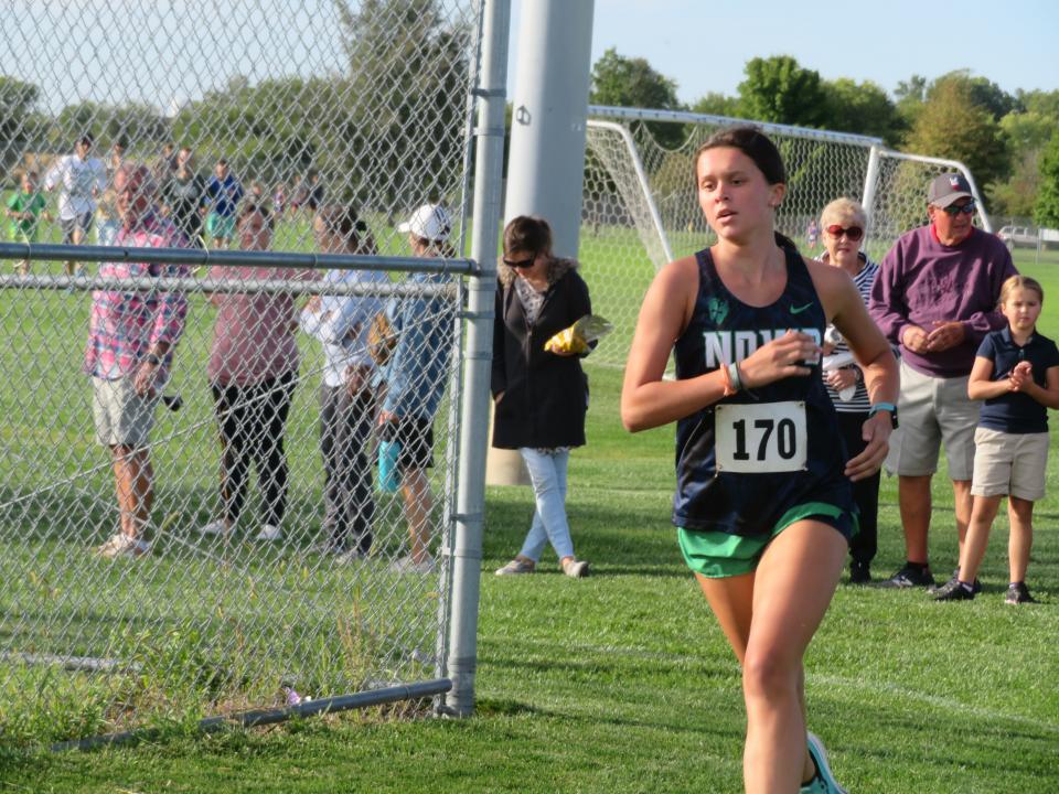 Notre Dame-West Burlington sophomore Hannah Fruehling makes a turn Thursday during the Tony Proctor Invitational at the Burlington Regional RecPlex.