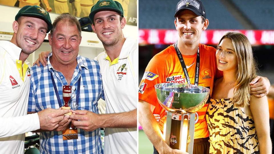 Mitch Marsh, pictured here with brother Shaun, father Geoff and wife Greta.
