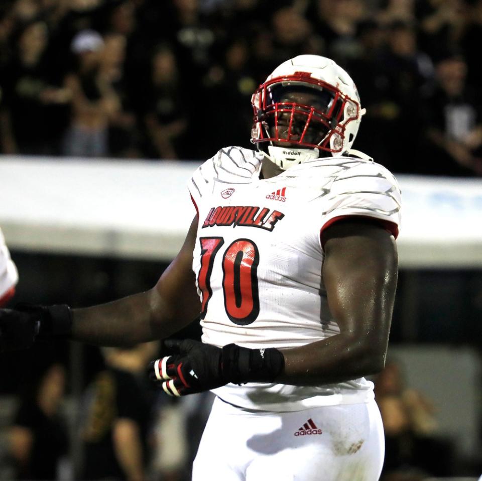 Louisville offensive lineman Trevor Reid reacts against UCF during the first half Friday, Sept. 9, 2022, in Orlando, Florida.