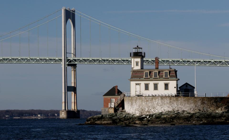 Rose Island Lighthouse and the Newport Bridge.
