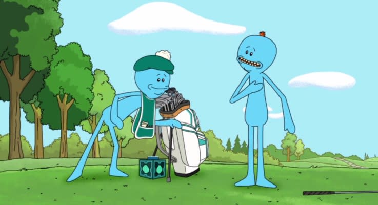 Meeseeks take centre stage when Jerry wants to improve his swing. Credit: Adult Swim.