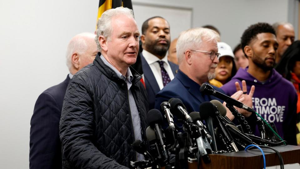 PHOTO: Sen Chris Van Hollen speaks to reporters at a news conference on the collapsed Francis Scott Key Bridge, on March 27, 2024, in Baltimore, Maryland.  (Anna Moneymaker/Getty Images)