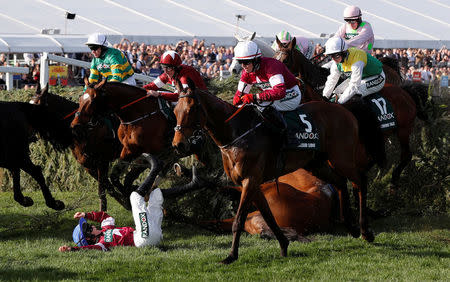 Horse Racing - Grand National Festival - Aintree Racecourse, Liverpool, Britain - April 14, 2018 Alpha Des Obeaux ridden by Rachael Blackmore falls at The Chair as Tiger Roll ridden by Davy Russell rides past during the 17:15 Randox Health Grand National Handicap Chase REUTERS/Darren Staples