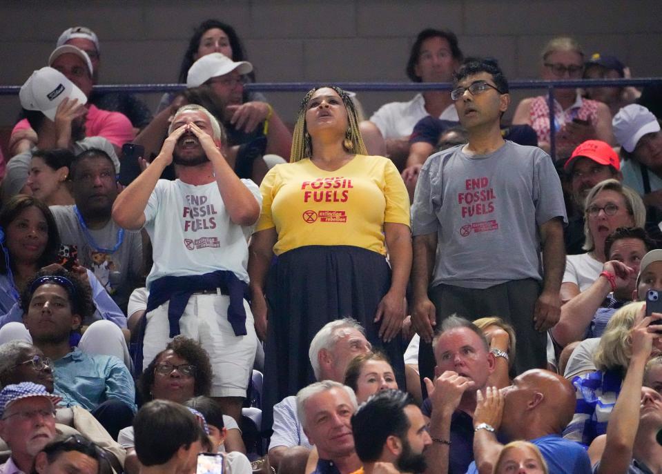 Sept 7, 2023; Flushing, NY, USA; Protestors interrupt the match during the womenÕs singles semifinal on day eleven of the 2023 U.S. Open tennis tournament at USTA Billie Jean King National Tennis Center.