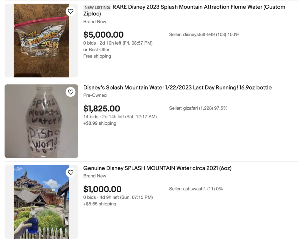 From top to bottom, containers of Splash Mountain being sold for $5,000, $1,825, and $1,000